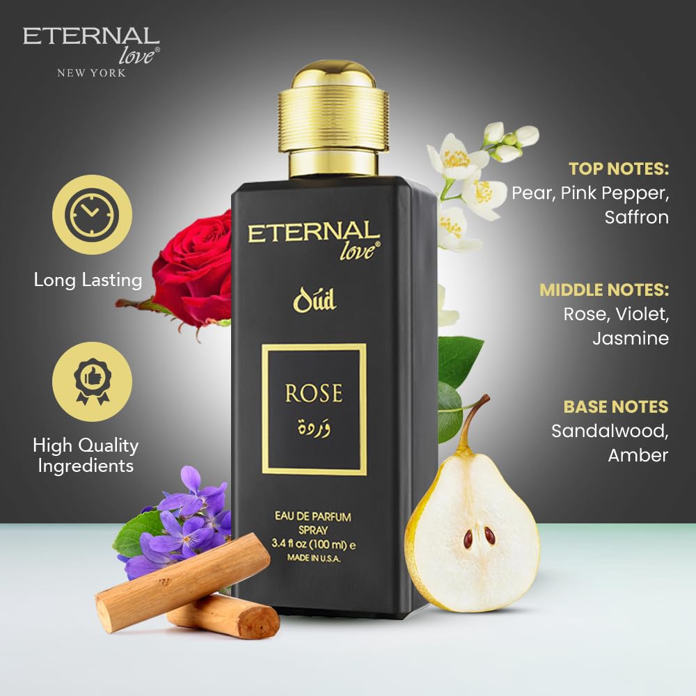 Eternal Love Rose Oud - Long Lasting Unisex Eau de Parfum - Romantic Floral Oriental Fragrance with Oud & Rose - Dubai Inspired Arabic Scent - 3.4oz