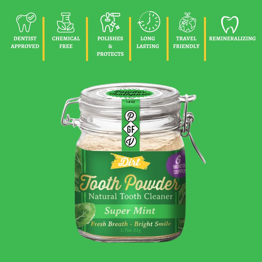 The Dirt - Remineralizing Tooth Powder, Natural Fluoride-Free Teeth Whitening Powder with Hydroxyapatite, Flouride & Gluten Free, Organic Vegan (Super Mint, 25g: 3 Month Supply)