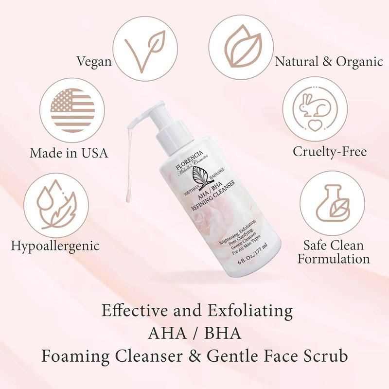 Florencia AHA BHA Refining Cleanser – Gentle Exfoliating Face Wash with Glycolic, Lactic & Salicylic Acid, Jojoba Beads, Foaming Cleanser for Pore Clarifying & Brightening Skin, 6 Fl Oz