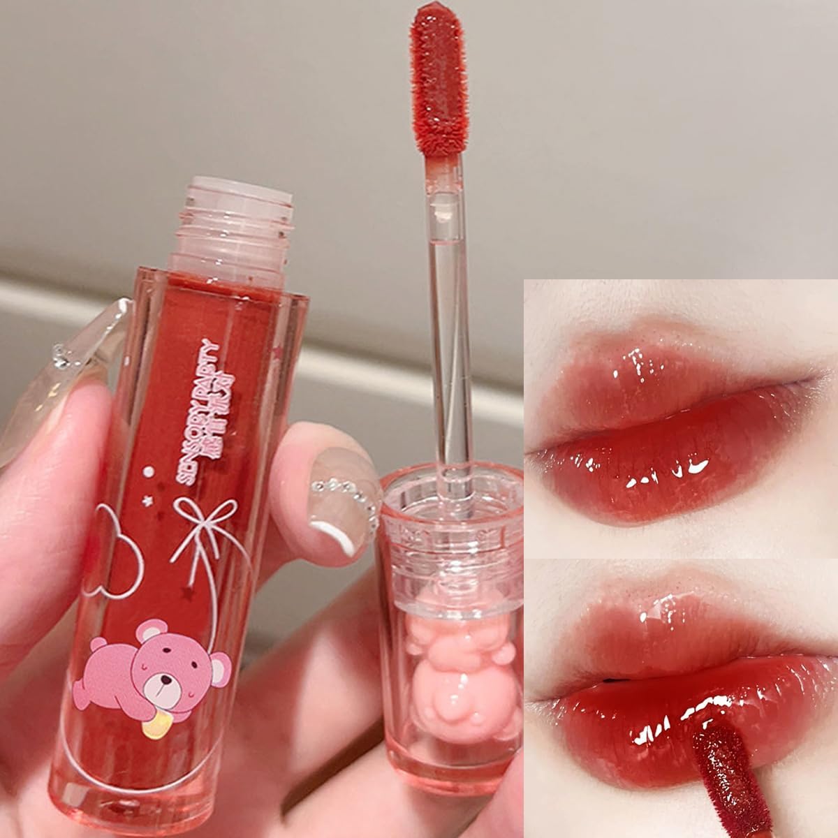 Blopuivo 6 Colors Bear Lip Gloss,Jelly Lip Glaze,Cute Liquid Lipstick Bear Lip Stain Watery Lipgloss Plumping Lip Tint Moisturizing Waterproof Long Lasting for Lip and Cheek