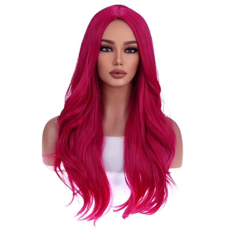Hot Pink Wig for Women - Long Curly Synthetic Middle Part Wig | Perfect for Cosplay & Costume Parties