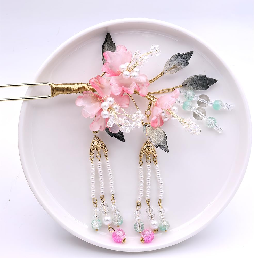 Rabith Henn Elegant 3-Tier Lotus Hair Stick, Transparent Multicolor Resin Flower Hair Pin for Women, Japanese Chinese Bun Updo Hairstyle Accessory Gift (Peony Pink)