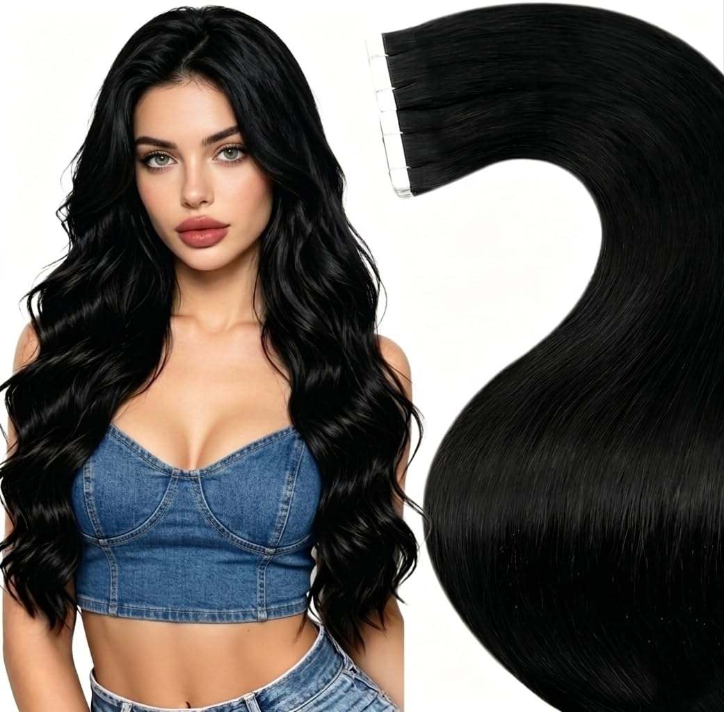 LaaVoo Human Hair Tape in Extensions Black Tape in Hair Extensions Human Hair Invisible Tape on Human Hair Extension Real Hair 16inch 20pcs 40g
