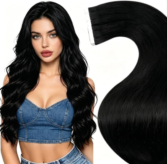 LaaVoo Human Hair Tape in Extensions Black Tape in Hair Extensions Human Hair Invisible Tape on Human Hair Extension Real Hair 16inch 20pcs 40g