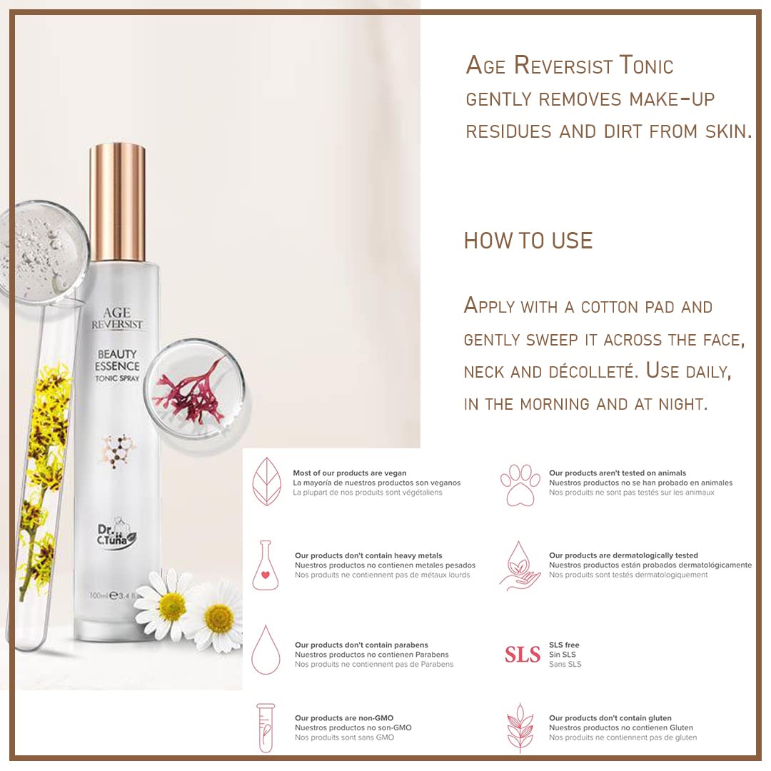 FARMASi Dr. C. Tuna Age Reversist Beauty Essence Tonic, Hydrating Face Toner Spray for All Skin Types, Gentle Cleansing and Refreshing Mist, Witch Hazel and Chamomile Water, 3.4 fl oz
