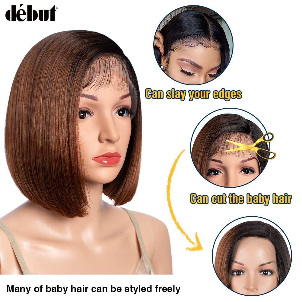 DÉBUT Asymmetrical Bob Wigs Ear to Ear Lace Front with Baby Hair Short Bob Simulated Scalp Lace Wig for Women Heat Resistant Fiber Synthetic Hair Side Parting Wig Highlight Ombre Brown Color