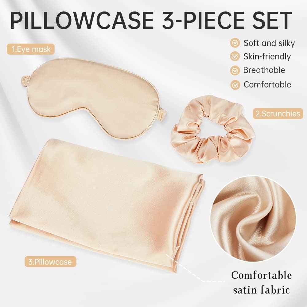 Soft Satin Eye Sleeping Mask and Pillowcase Set Satin Pillowcase and Eye Mask with Scrunchie for Girls (Beige)
