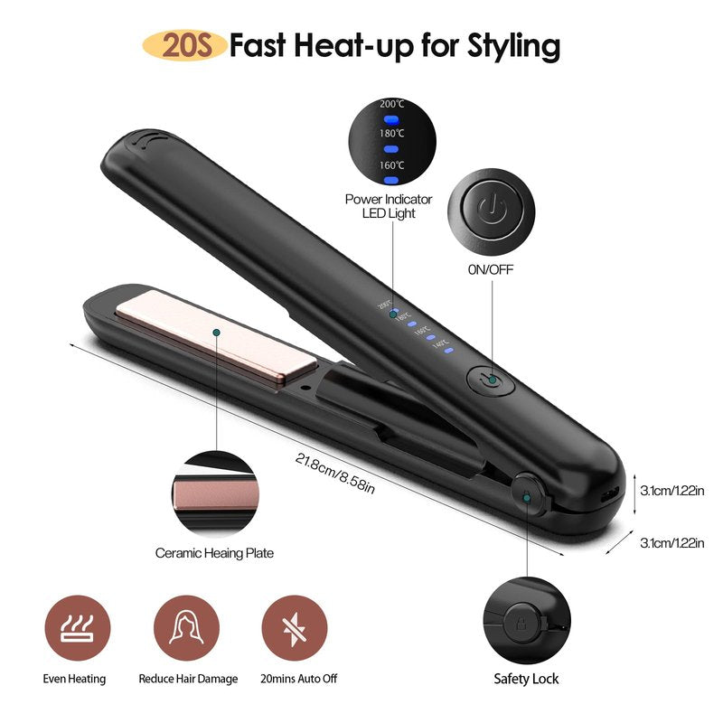 Mini Portable Cordless Hair Straightener, 1 inch Double Ceramic Flat Iron Hair Straightener and Curler 2 in 1, Wireless Curling Iron for Travel (Black)