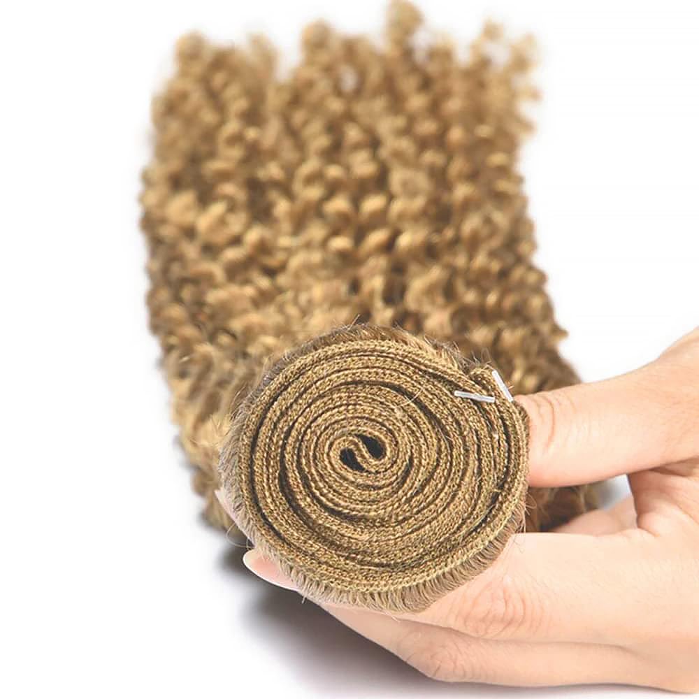 Honey Blonde Human Hair Bundles 16 18 20 Inch Kinky Curly Wave Bundles Human Hair Unprocessed Native Virgin Hair 100/PC 3 Extensions #27 Blonde Color Wet and Wavy Human Hair Extensions for Women