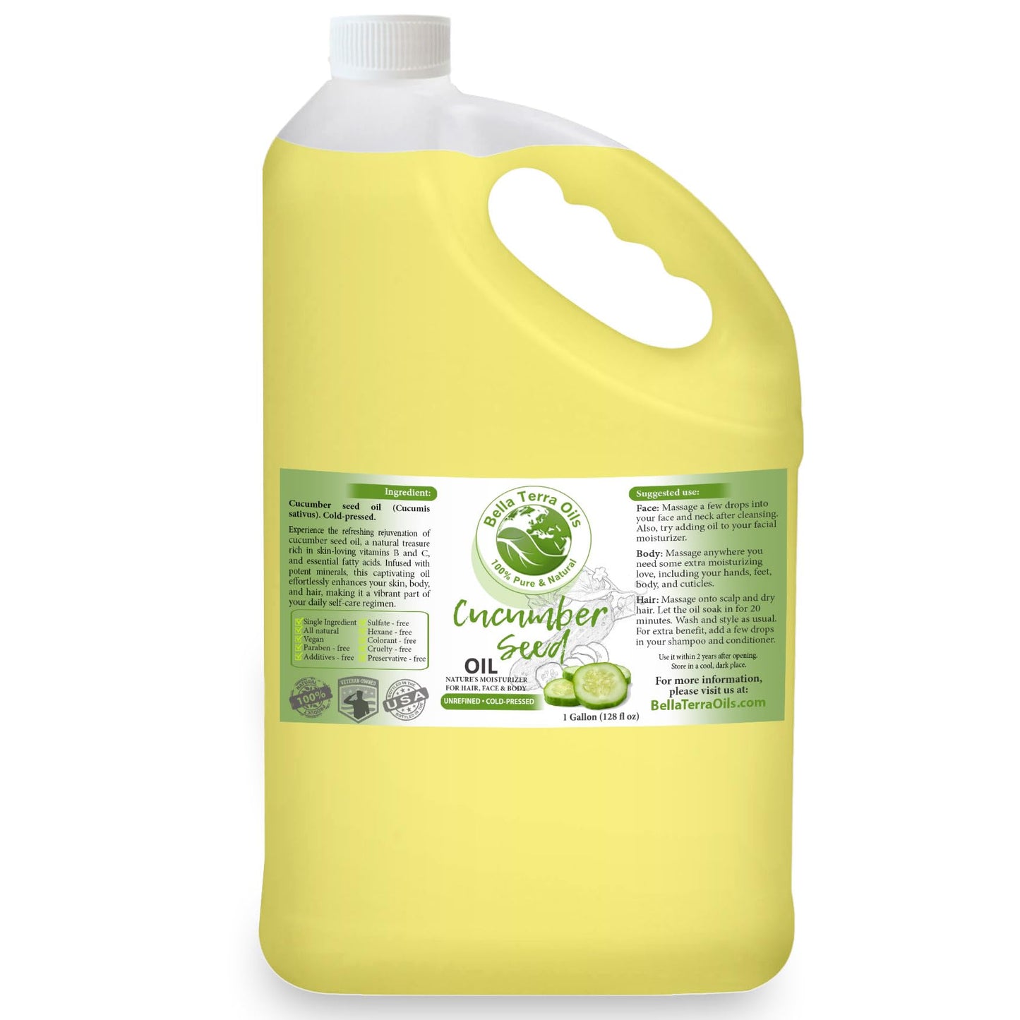 Bella Terra Oils - Cucumber Seed Oil 16oz - A Tribute to Cucumber's Vitality, Packed with Silica & Tocopherols, An Essential for Radiant Skin