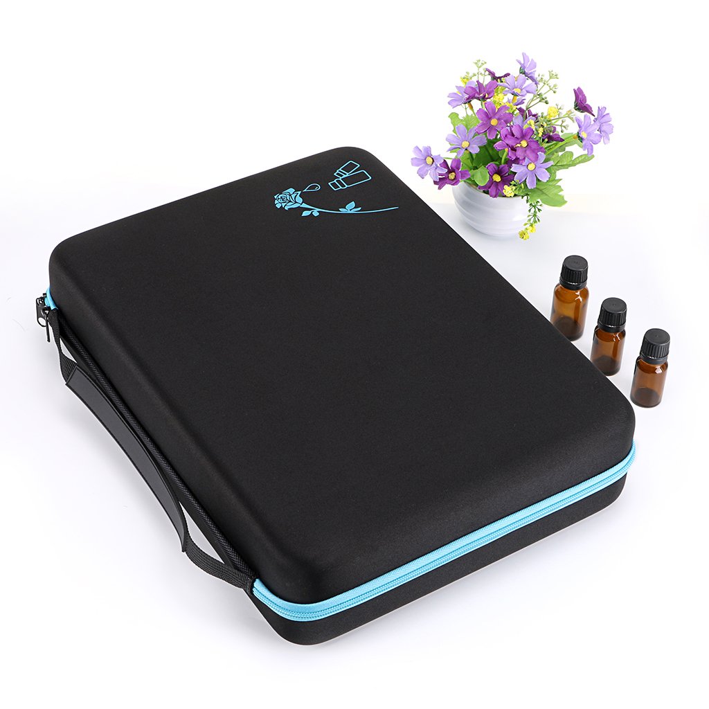 Hipiwe 108 Essential Oils Carrying Case Holds 5ml, 10ml, 15ml Bottles Hard Shell Exterior EVA Essential Oils Storage Organzier Bag with Foam Insert and Carrying Handle (Black+Blue 108)