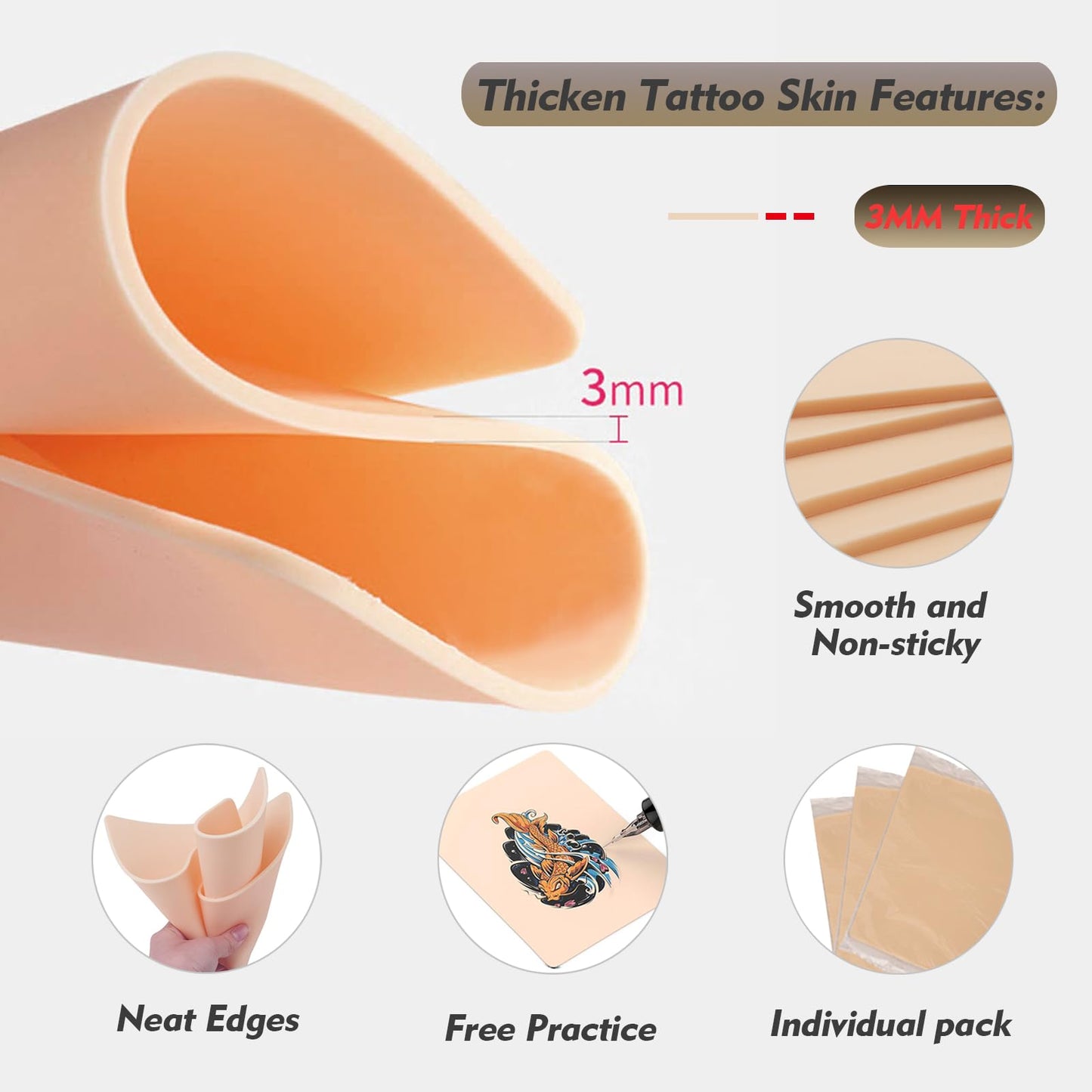 Rayyl 3MM Tattoo Fake Skin - 20Pcs Practice Fake Skin 3MM Thick Soft Silicone Double Sides 7.48x5.62" Eyebrow Practice for Tattoo Beginner & Experienced Artist (20pcs)