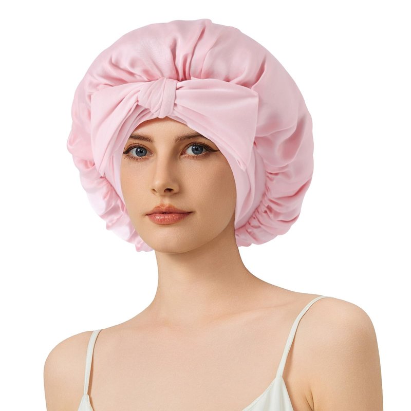 100% Mulberry Silk Bonnet for Sleeping for Women, 22 Momme Grade-6A Single-Layer Silk Bonnet Hair Wrap for Curly Hair Sleep Cap with Soft Long Elastic Bands(1PCS,Pink)