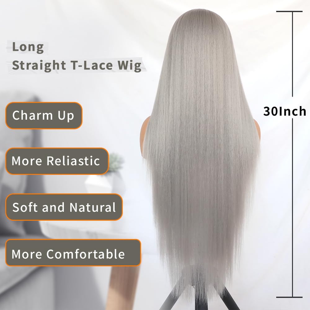Conkolar Long Hair Wigs for Women Gray Color Synthetic Lace front Wig Middle Part Natural Hairline Pre-Plucked Long Straight Wigs