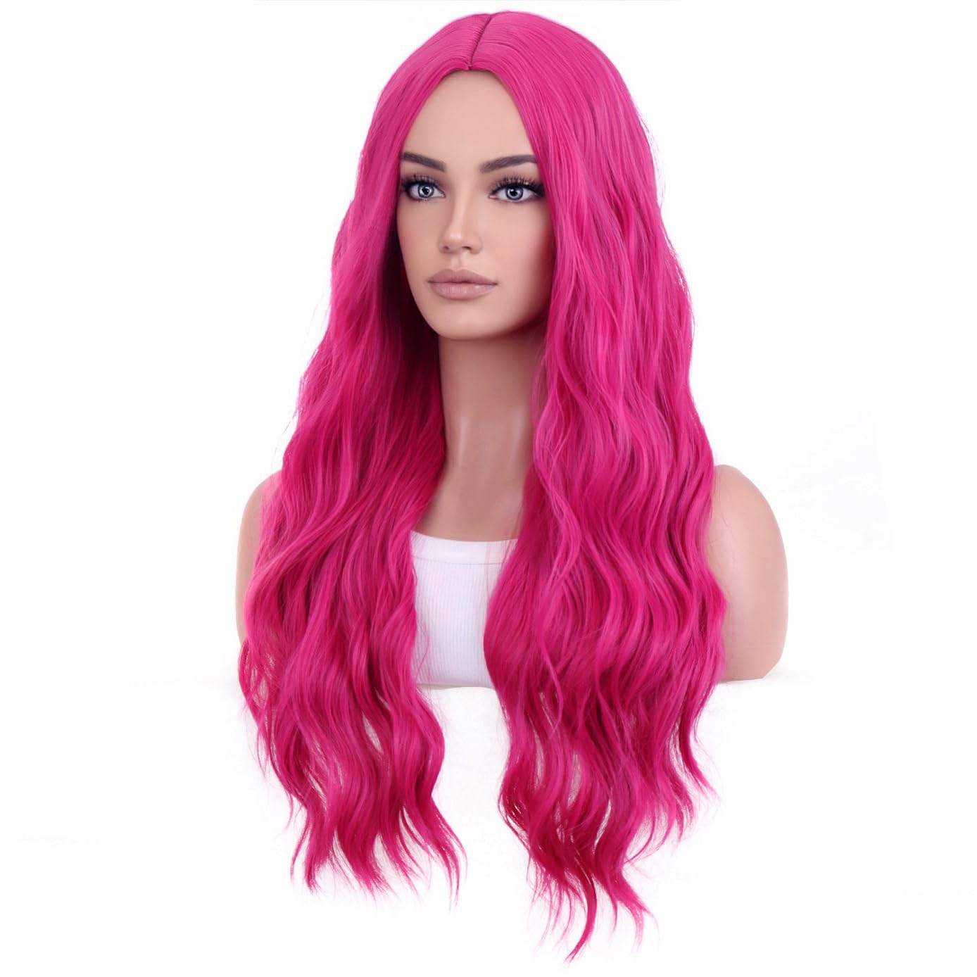 BERON Hot Pink Wigs Long Wavy Wig for Women Curly Heat Resistant Hair Wigs Halloween Cosplay Party with Wig Cap