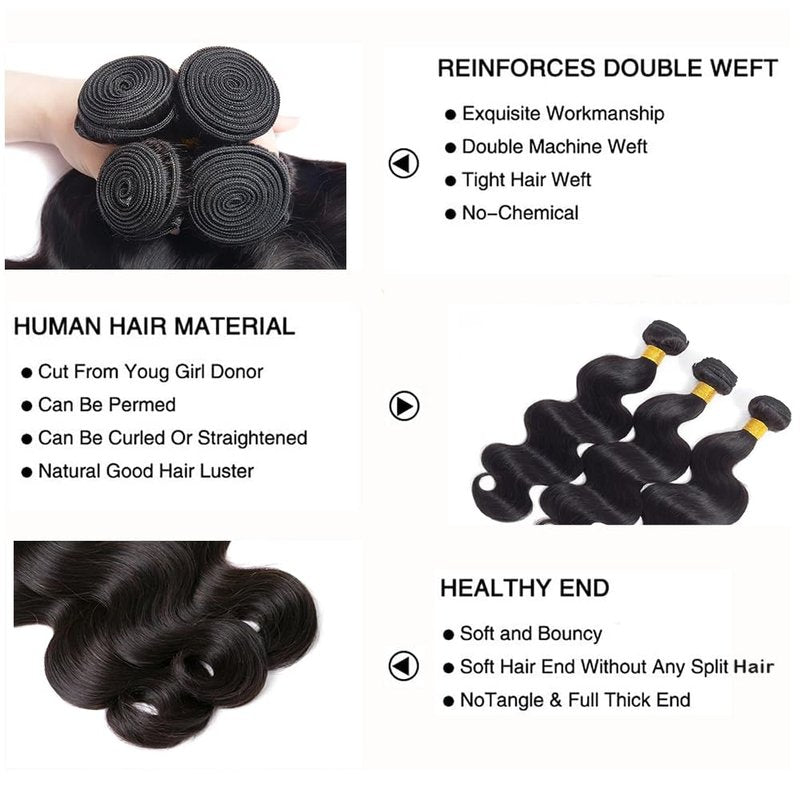 Body Wave Human Hair Bundles - Natural Black Brazilian Virgin Remy Hair Extensions | 14, 16, 18 Inch Soft & Healthy