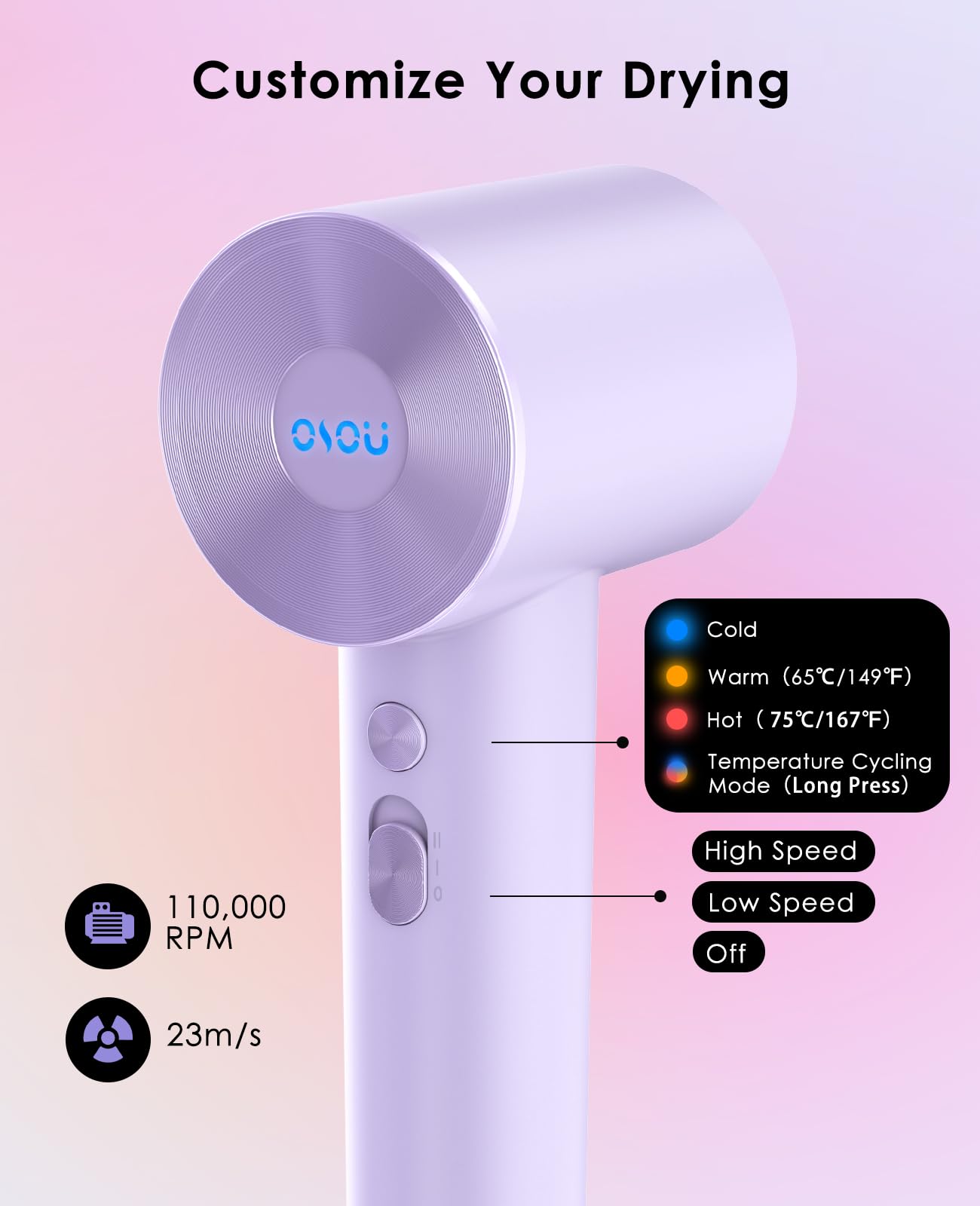 OSOU Hair Dryer, Negative Ionic Hair Dryer, High-Speed Blow Dryer with 110, 000 RPM Brushless Motor, Fast Drying Lightweight Travel Hairdryer, Low Noise Home Hair Dryer with Smooth Nozzle