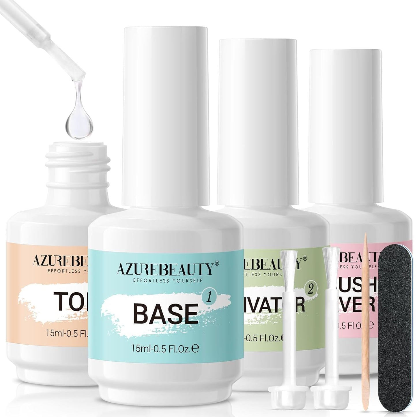 AzureBeauty Dip Powder Liquid Set 15ml/0.5oz 8 Pcs Dipping Base Activator and Top Coat Brush Saver Nail File Necessary Tools for Dip Kit No Lamp Needed