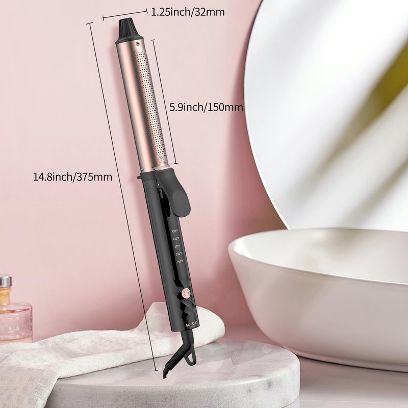 K&K MCH Professional Curling Iron. The Temperature of the Button Version can Reach up to 450 Degrees Fahrenheit. Rose Gold Aluminum Tube Curler.
