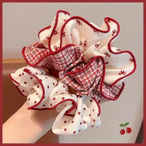 Scrunchies for Women Girls 3Pcs Red Polka Dot Bow Plaid Print Scrunchies for Long Thick Hair Soft Hair Bands Cute Sweet Ponytail Holders No Damage Elastic Hair Ties Christmas Hair Accessories