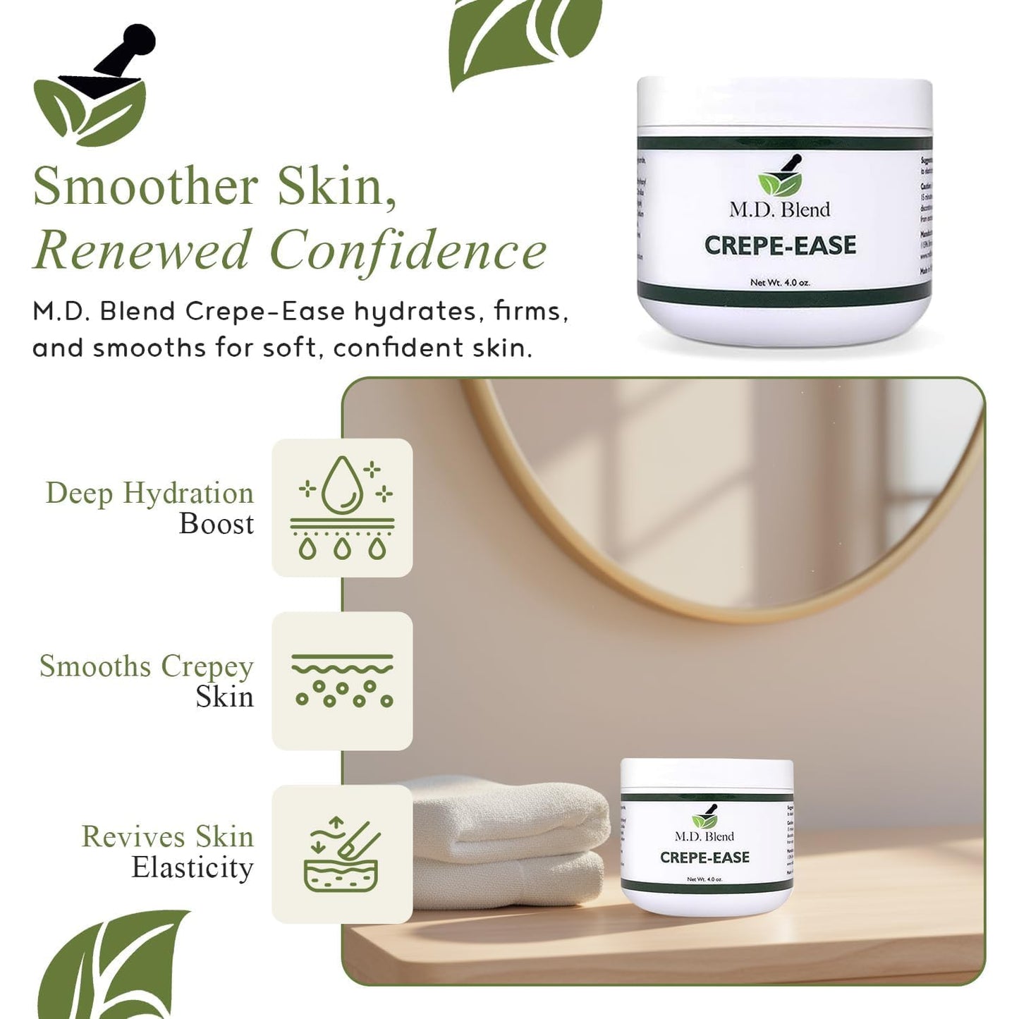 M.D. Blend Crepe-Ease Body Moisturizer Anti Aging Retinol Cream Firming, Smoothing & Hydrating Cream for Crepey Skin on Neck, Arms & Legs Crepe Skin Repair, Advanced Crepe Fix, 4 oz
