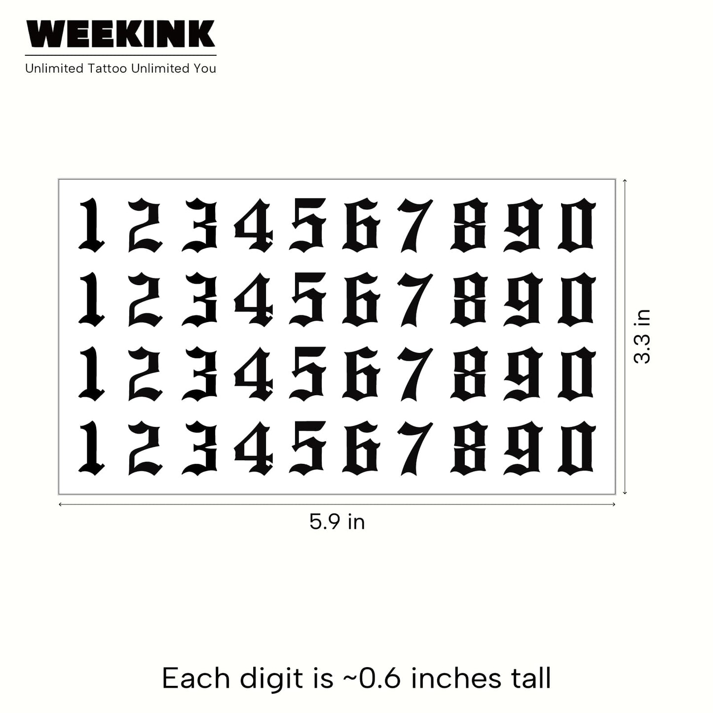 WEEKINK Old English Number Temporary Tattoos – 0-9 Digit Set, Customizable Gothic Numbers for Dates, Realistic, Waterproof & Long Lasting Fake Tattoo for Men & Women