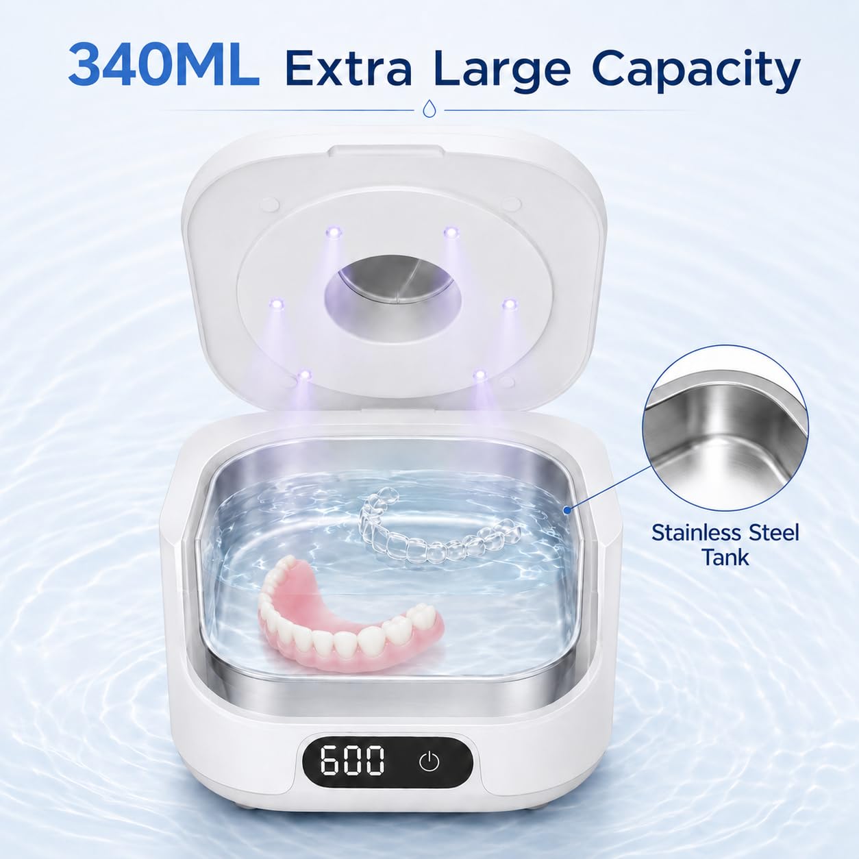Ultrasonic Retainer Cleaner Machine with UV Light, 49kHz Dental Pod Cleaner with Digital Timer, 340ML Stainless Steel Tank for Retainer, Aligners, Dentures, Mouth Guards, Night Guards & Jewelry, White