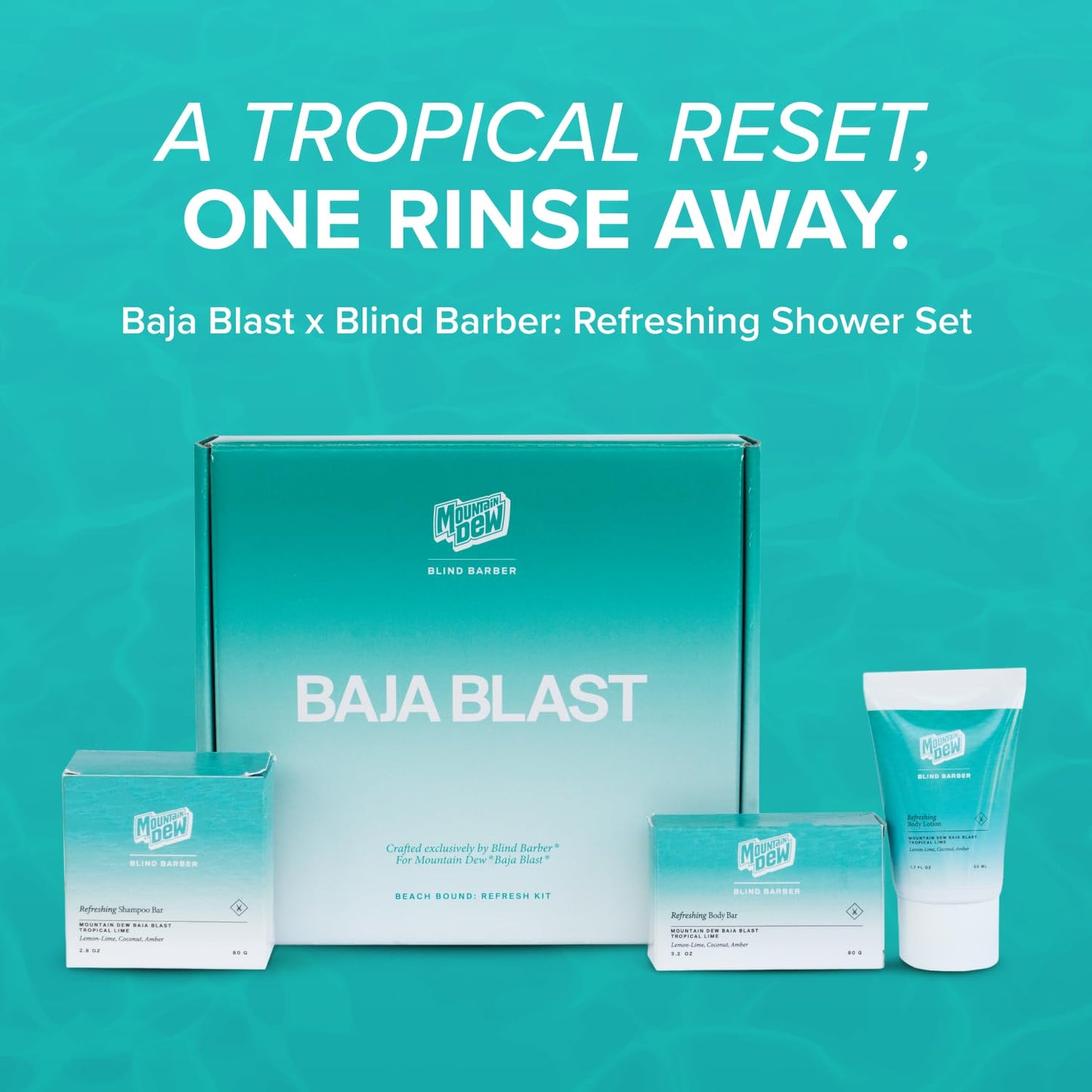 Blind Barber x Baja Blast Refreshing Shower Set - Includes Body Lotion, Exfoliating Bar Soap & Bar Shampoo - Limited Edition Body Skin Care Products with Citrus Fiesta Tropical Lime Scent (3 Pieces)