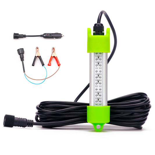 LOSTCAT 18W DC 12V Green IP68 Waterproof Aluminum Super Bright LED Fish Bait Submersible Dock Underwater Fishing Light Attractants for at Night Snook Crappie with Battery Clamps Car Charger Plug