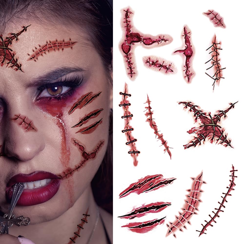 20 Sheets Body Face Fake Scar Halloween Makeup Kit, Halloween Temporary Tattoos Stickers for Kids Women Men, Party Favors Decorations Supplies, Gifts Goodie Bag Fillers