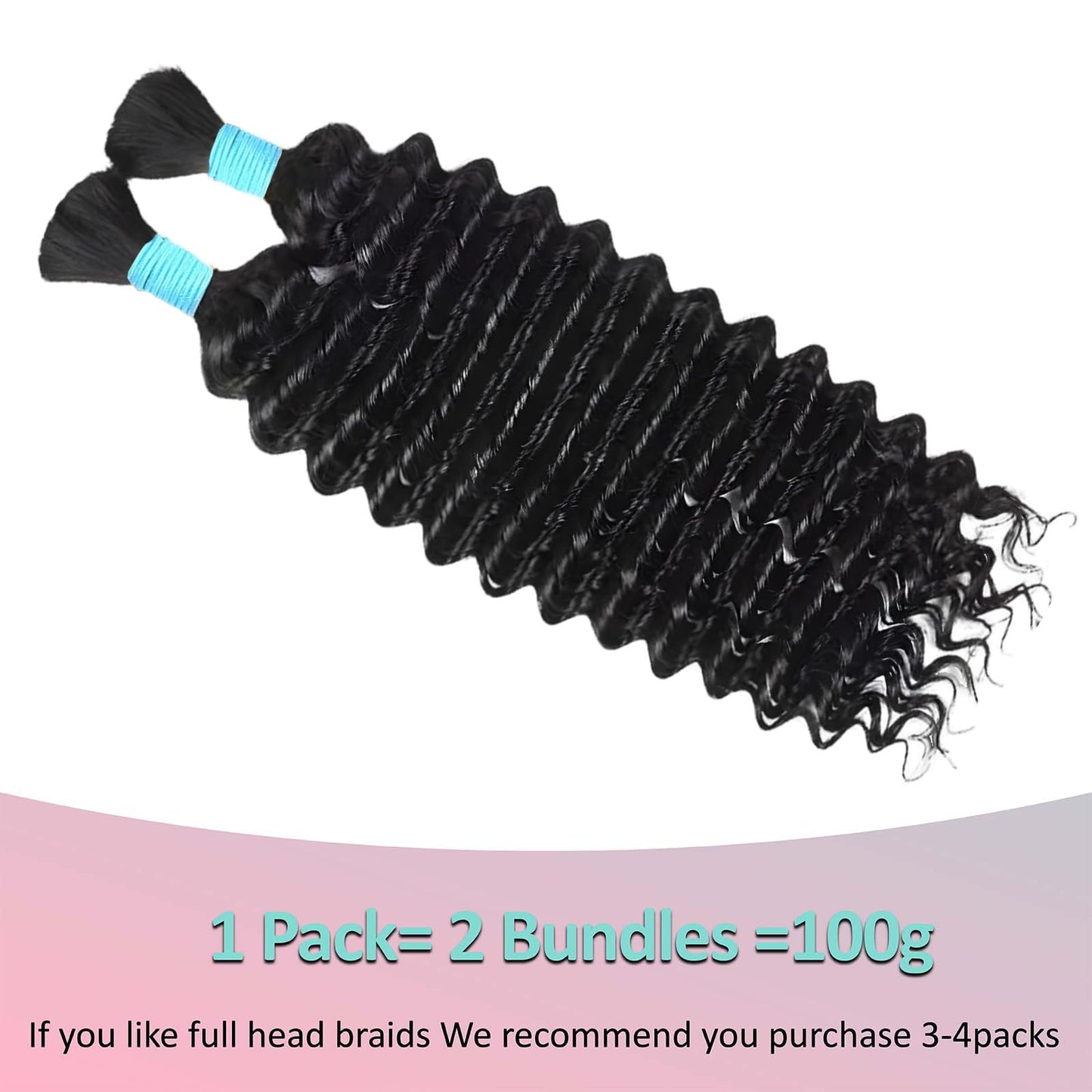 Boho Human Braiding Hair 14 Inch for Knotless Braids - 2 Bundles 100g Deep Wave Bulk Curly Hair (Natural Color)
