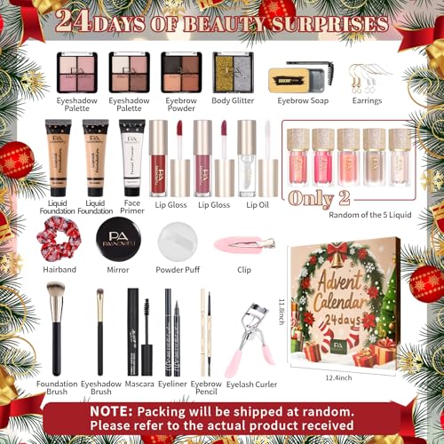 Makeup Advent Calendar 2025,24 Days Christmas Beauty Countdown Calendar Christmas for Women Teen Girl, 2025 Xmas Countdown Calendar Full Makeup Kits Mascara Lipstick Blush Eyeline Brush