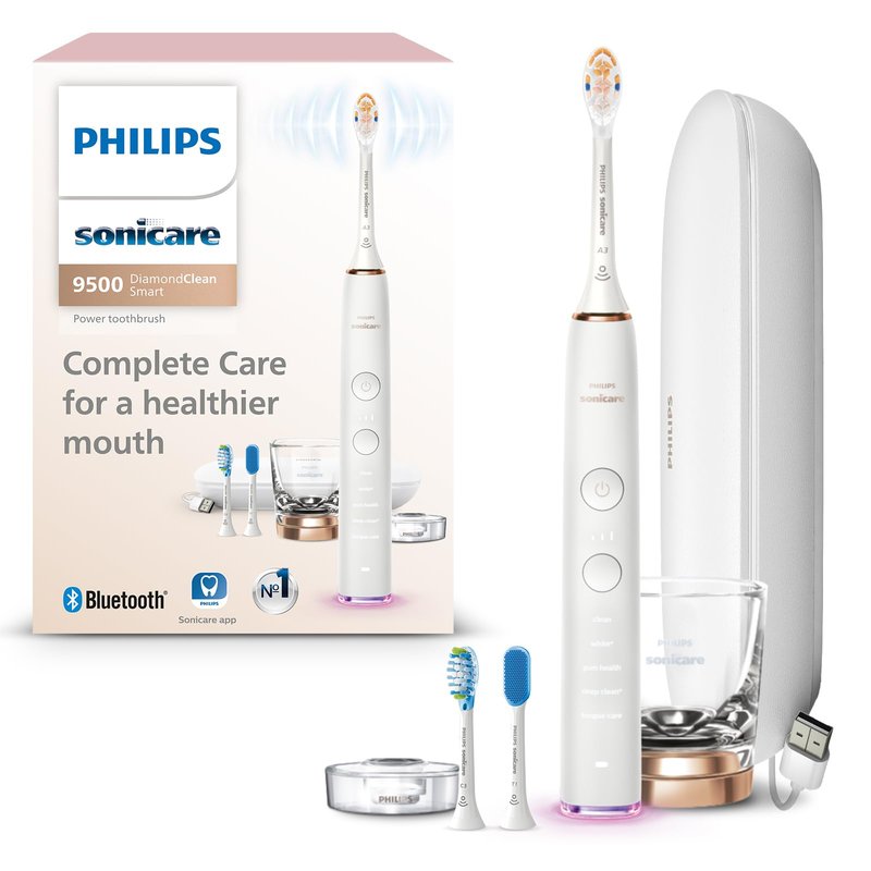 Philips Sonicare DiamondClean Smart 9500 Electric Toothbrush - Sonic Toothbrush with App, Pressure Sensor, 15 Brushing Settings, Replacement Reminder, USB Charging Travel Case, Rose Gold, HX9923/61