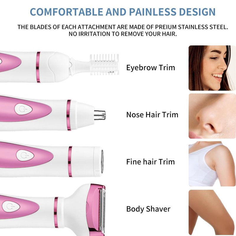 Electric Razor for Women, Bikini Trimmer Womens Shaver for Face Nose Eyebrow Body Leg Pubic Underarm Arm Ladies Rechargeable 4 in 1 Hair Removal Kit Painless Trimming, Gifts for Women (Pink)
