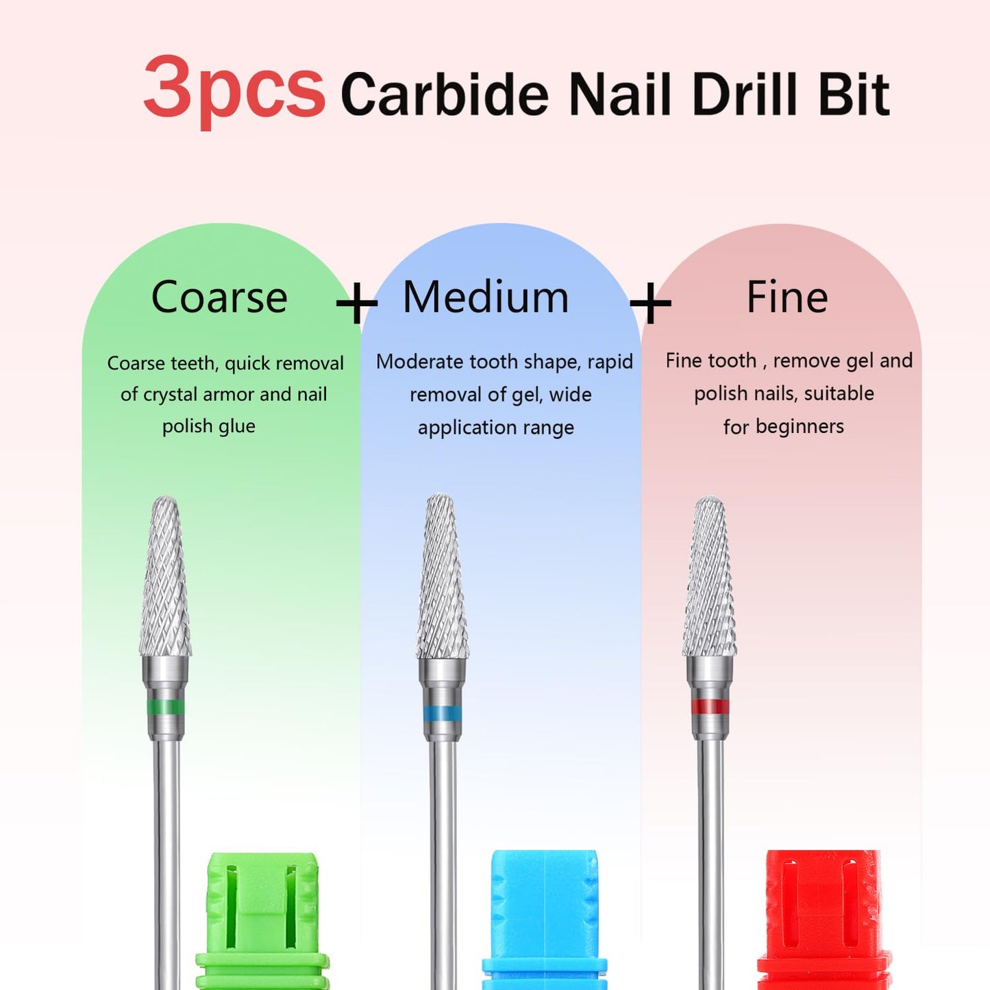 Tungsten Carbide Nail Bits - 3 Pcs Acrylic Nail Drill Set for Fast Gel Removal | 3/32" Size