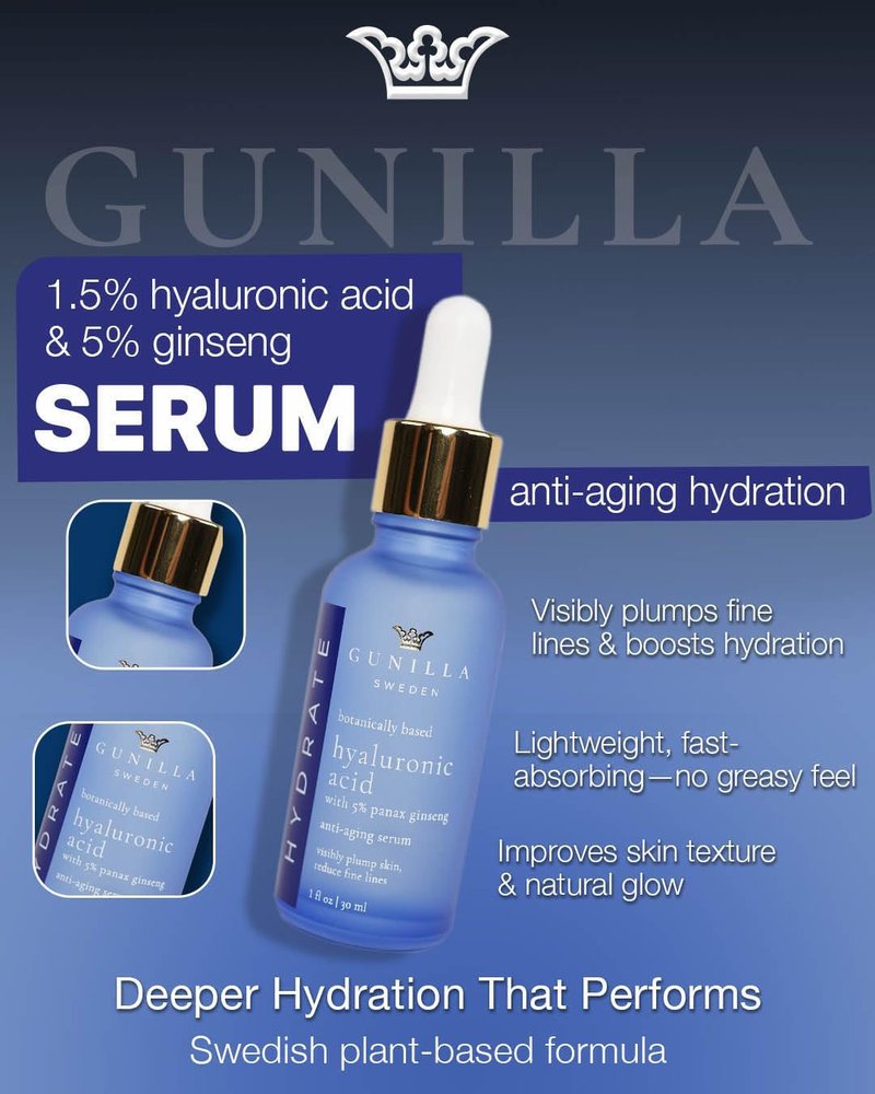 GUNILLA Hyaluronic Acid & Ginseng Serum: Vegan. Plant-Based Anti-Aging Serum, Plumping, Firming & Hydrating, Reduce the Appearance of Wrinkles. 14 Actives & Herbals. Natural. Oil-Free. 1 oz