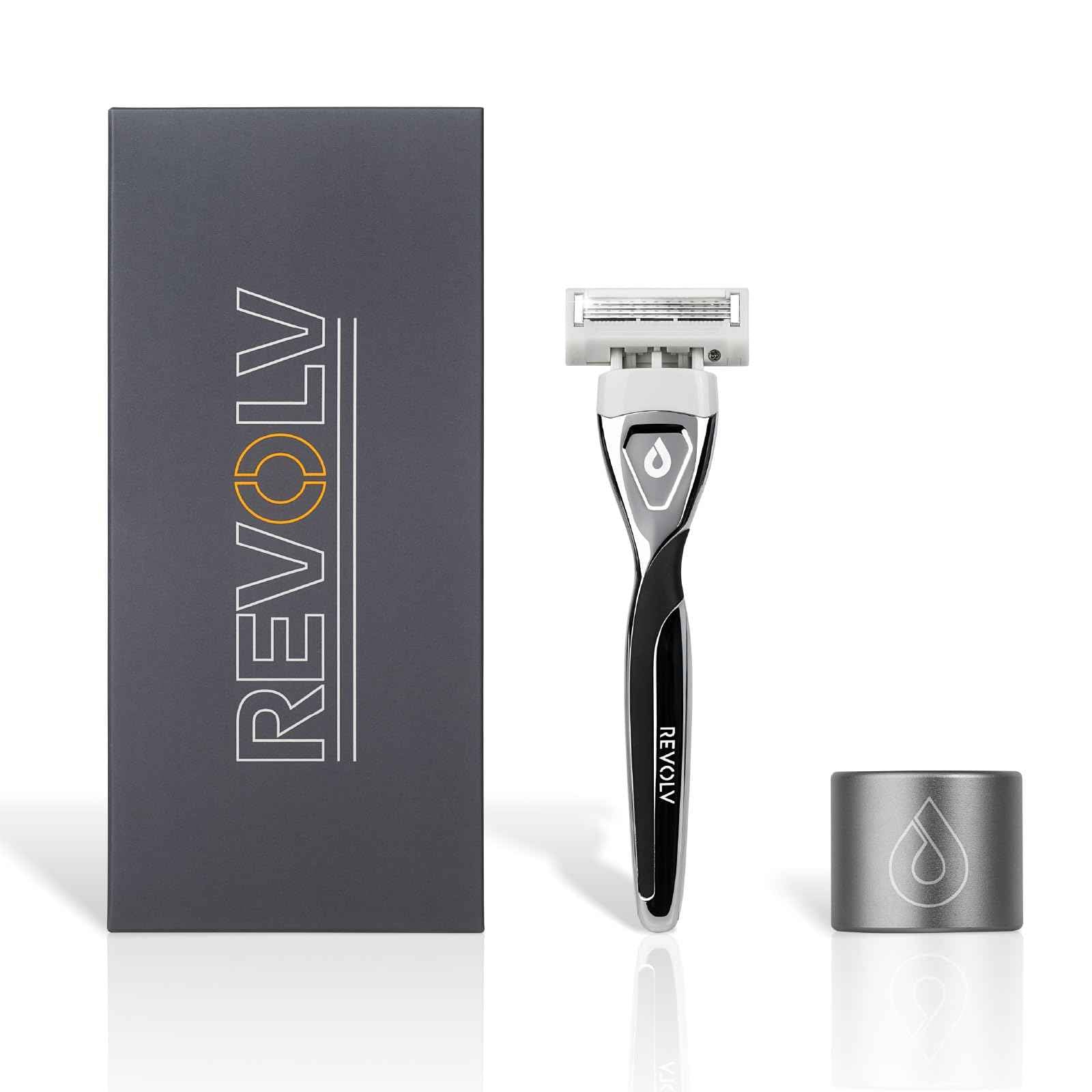 REVOLV - Men’s Razor - 1 Premium Weighted Handle + 1 Dual-Sided Cartridge + 1 Stand - For a Closer, Smoother Shave - Safe on Sensitive Skin - Black
