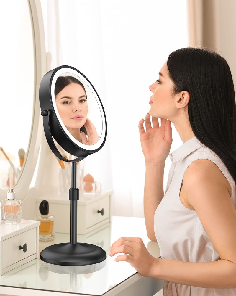 Benbilry 7" Lighted Makeup Mirror with 10X Magnification & 3 Color Lights, Adjustable Brightness & Height, 360° Swivel Rechargeable LED Magnifying Make Up Vanity Mirror with Lighting (Black)