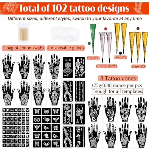 Temporary Tattoos Stencils Kit,Temporary Tattoos Kit - 8 Pcs 4 Color(Brown,Black,Cherry red,Green), Ink with Gloves,DIY Body Art Painting for Women Men Adults Kids