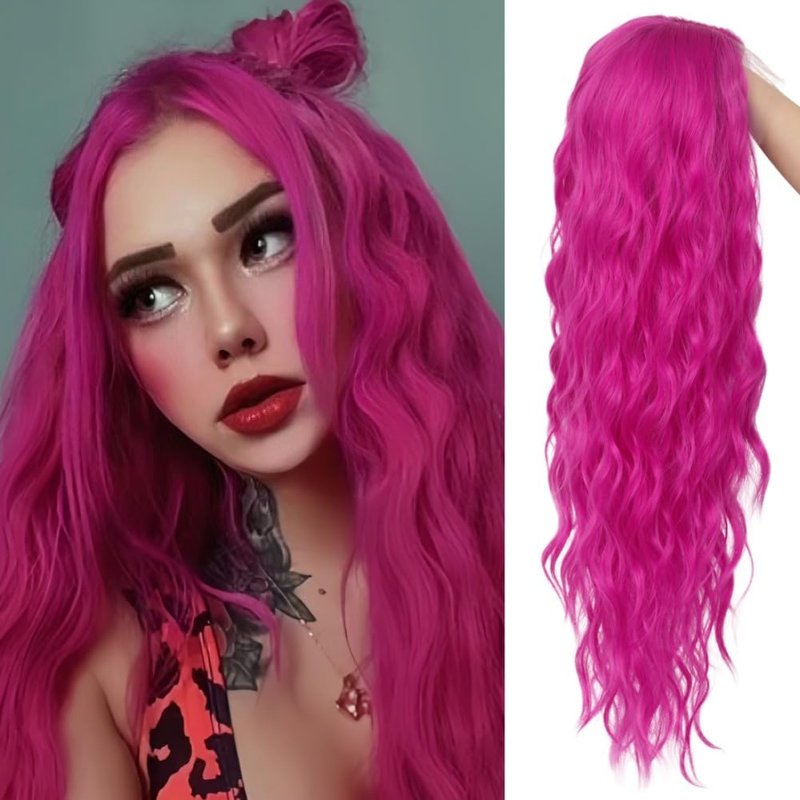 Siudus Hot Pink Long Lace Front Wigs for Women Curly Wavy Cosplay Wig Middle Part Synthetic Fibre Halloween Costume Party Wig