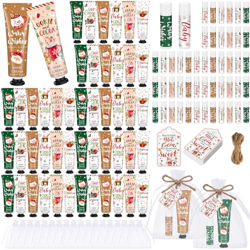 Demissle 48 Pcs Christmas Hot Cocoa Party Favors Hand Cream and Lip Balm Gifts Bulk Xmas Party Stuffers Christmas Stocking Favors Xmas Red Green Hot Cocoa Gifts Set for Baby Shower Guests