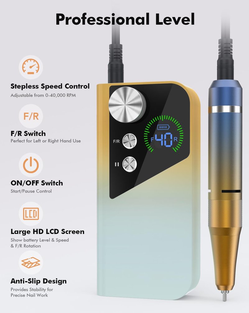 HOMEASY Nail Drill 40000RPM - Rechargeable Nail File with Bits, Professional E-Filer for Acrylic Nails, Gel Polishing, Manicure & Pedicure E File with Large HD LCD Screen - M96 Yellow