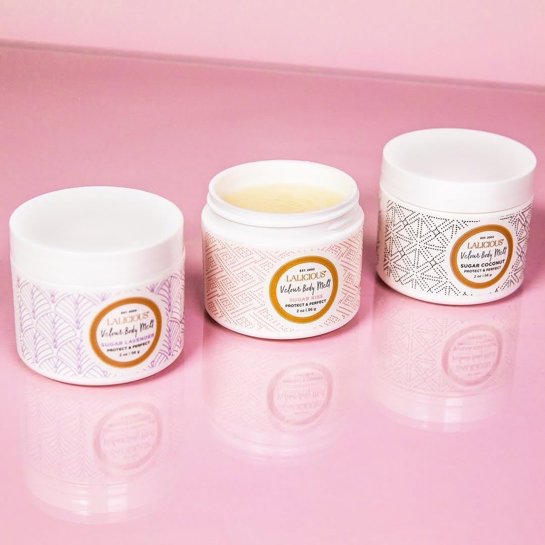 LALICIOUS Velour Body Melt Gift Set - 3-Piece Balm-to-Oil Body Moisturizer Skin Care Kit with Vitamin E & Macadamia Nut Seed Oil - Shave Balm, Hand & Foot Mask, Hair & Scalp Mask & More (3 Piece Kit)