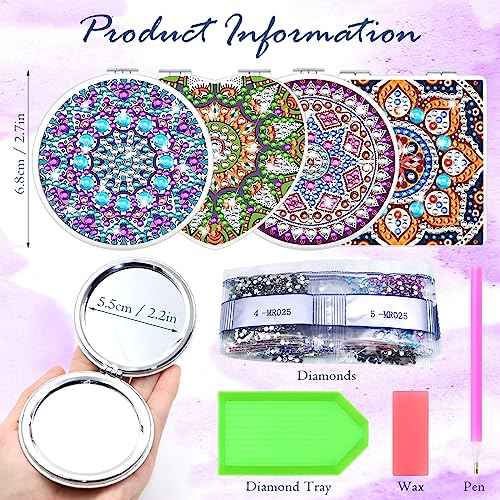 SPOKKI 4 Pcs Diamond Painting Compact Mirror, DIY Pocket Mirror with Mandala Diamond Painting Cover - Folding Purse Design, Portable Magnifying Mirror for Women Girls Kids