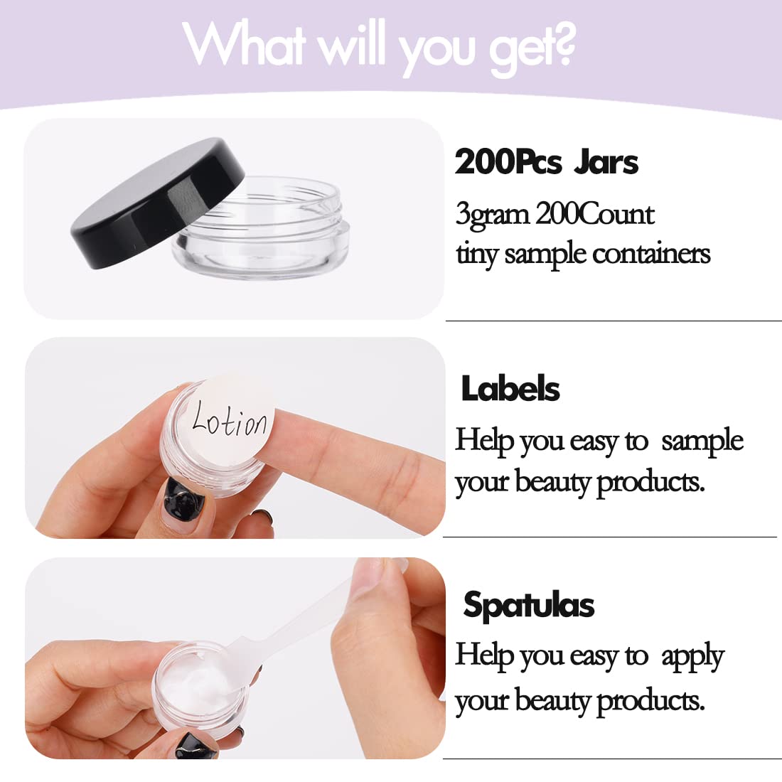 3 Gram Sample Containers with Lids, 200 Count Tiny Sample Jars, Empty Lip Balm Containers, Mini Cosmetic Container with Lids, Makeup Travel Container with Labels, Mini Disposable Spatulas