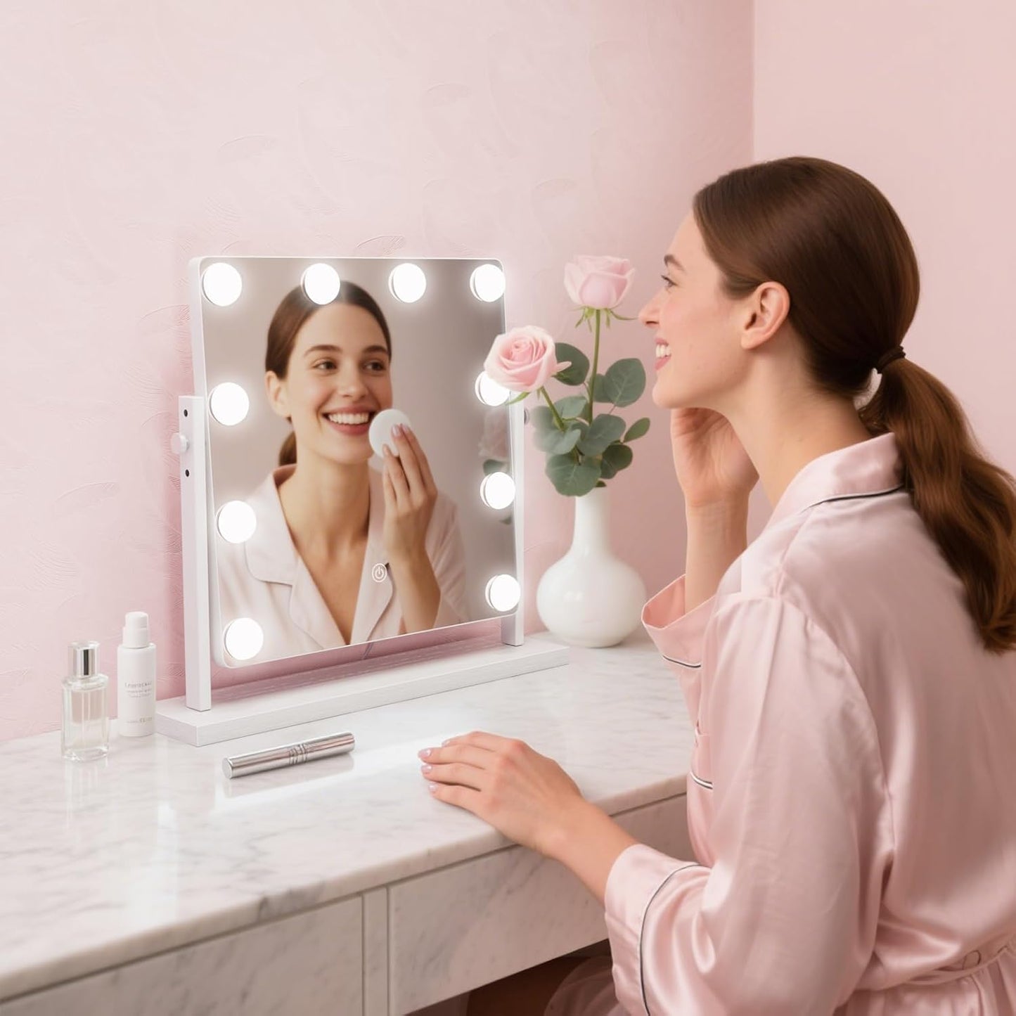 Hollywood Makeup Vanity Mirror with Lights - Adjustable Height, 3-Color Dimmable Lighting, 360° Rotation | 15.7" Size