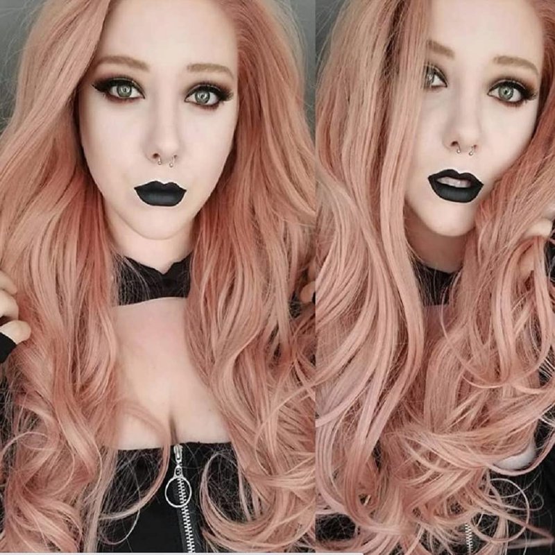 sylvia Peach Pink Lace Front Wigs Long Curly Wave Layered Dusty Pink Heat Safe Synthetic Hair Lace Front Wigs Decent Parting Space Transparent Lace for White Pale Scalp for Drag Queen…