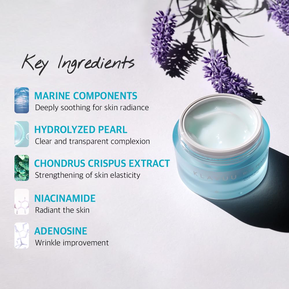 KLAVUU BLUE PEARLSATION ONE DAY 8 CUPS AQUA CREAM–Cooling Effect & Light Weight Texture, Hypoallergenic Soothing & Wrinkle Care Cream with Niacinamide, Korean Skin Care–1.69 floz