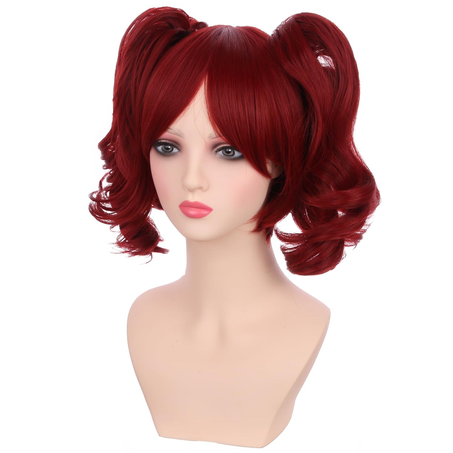 PATTNIUM Red Wig for Kids Girls Short Red Wig with Bangs Child Dark Red Ponytails Wig Include 2 Detachable Buns with Clips Synthetic Wig with Wig Cap(Red)