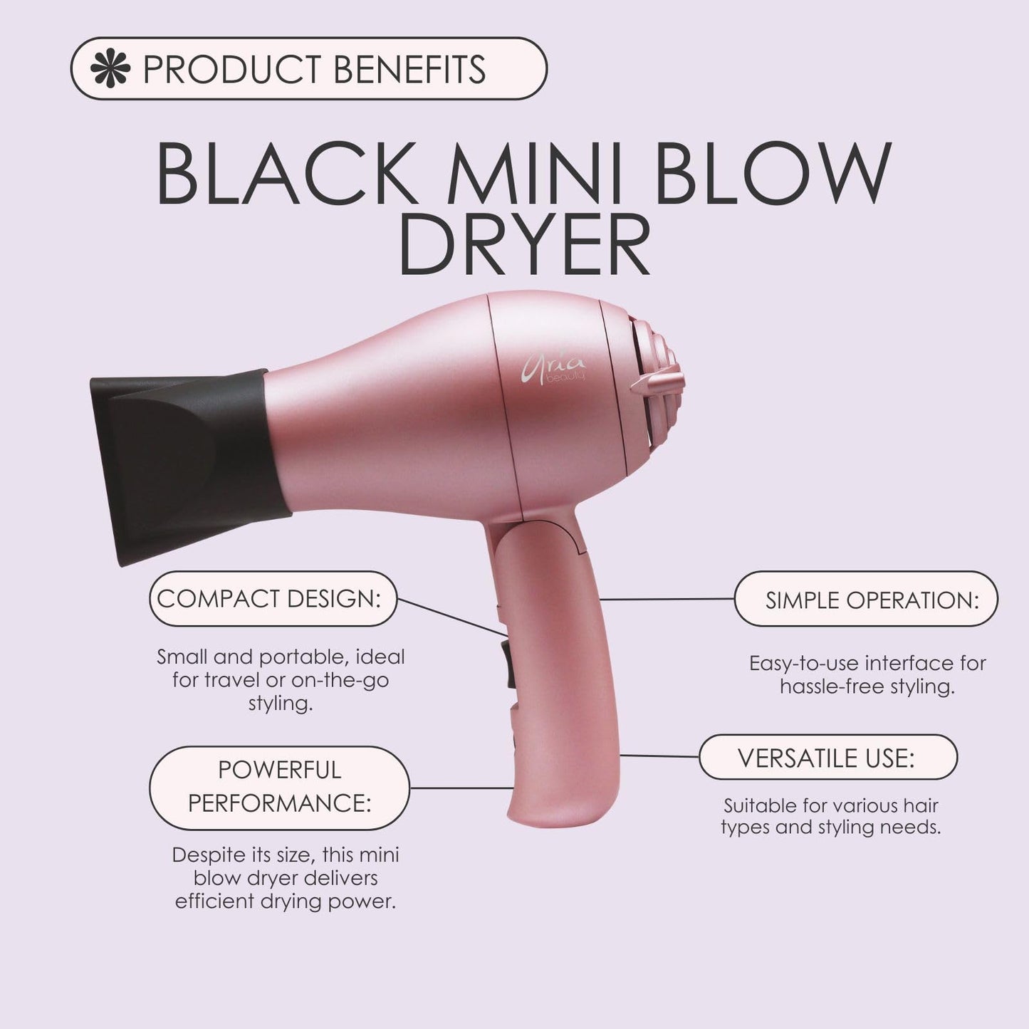 Aria Beauty Mini Compact Folding Blowdryer, Dual Votage, Diffuser and Concentrator Nozzle Included, Lightweight Design, Perfect for Travel, 1000W
